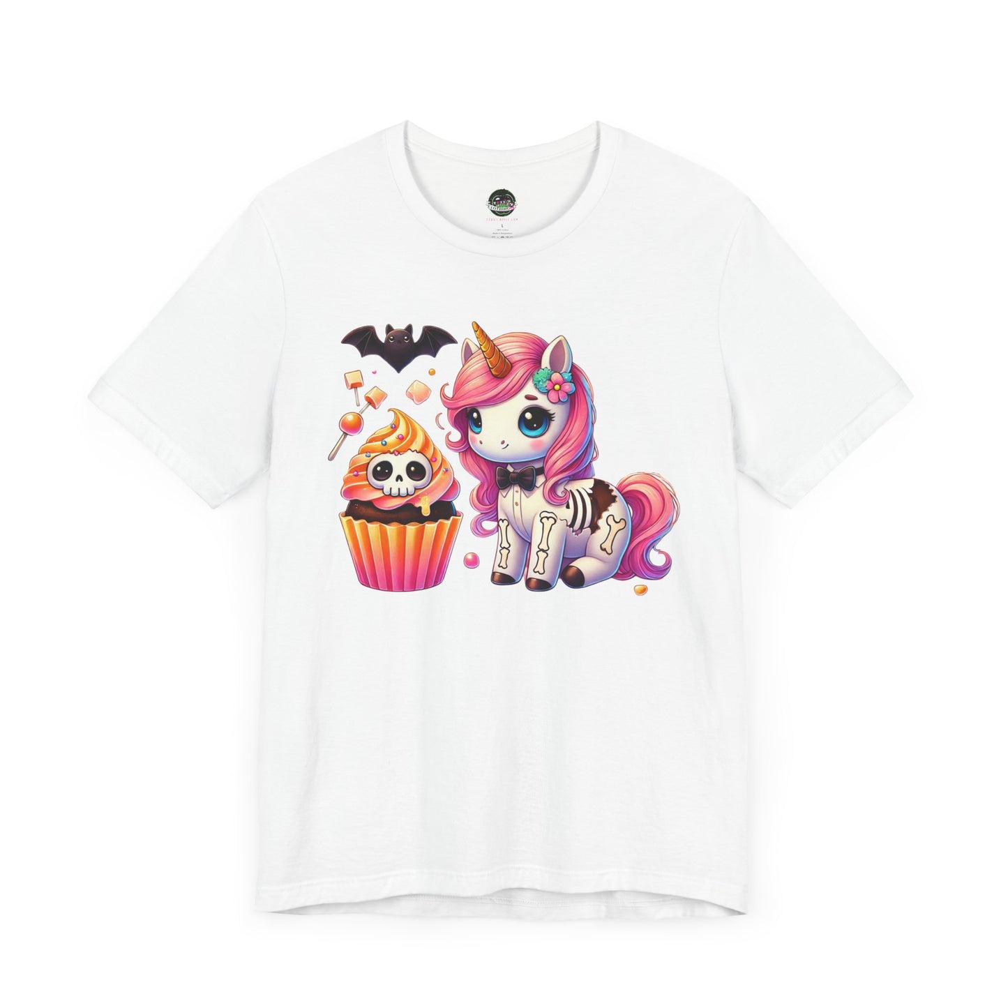 Pastel Goth T-shirt - Orange Skeleton Unicorn & Cupcake