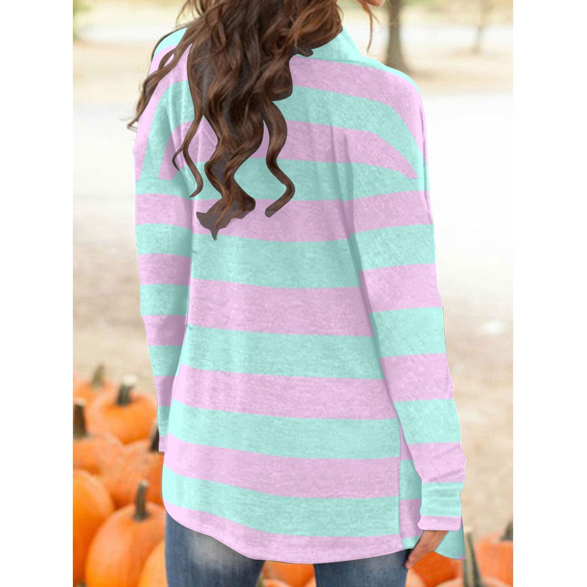 Pastel Green Pink Striped Women’s Cardigan with Long Sleeves