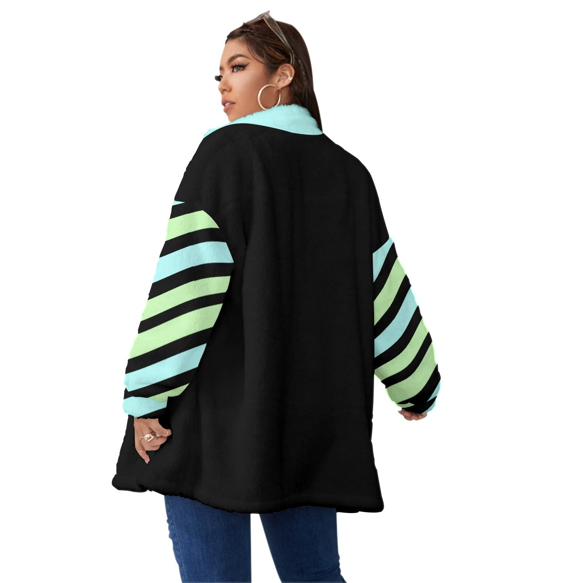 Pastel Unisex Borg Fleece Stand-up Collar Coat With Zipper Closure (Plus Size) - Blue / Green
