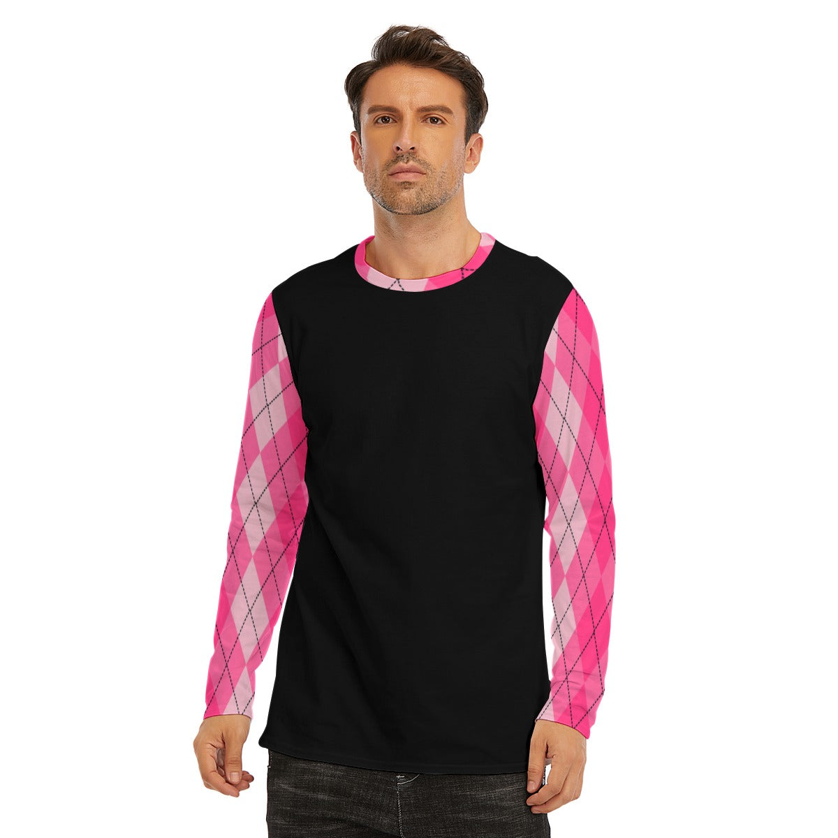 Hot Pink Plaid Diamond Long Sleeve T-Shirt - Pink / Black