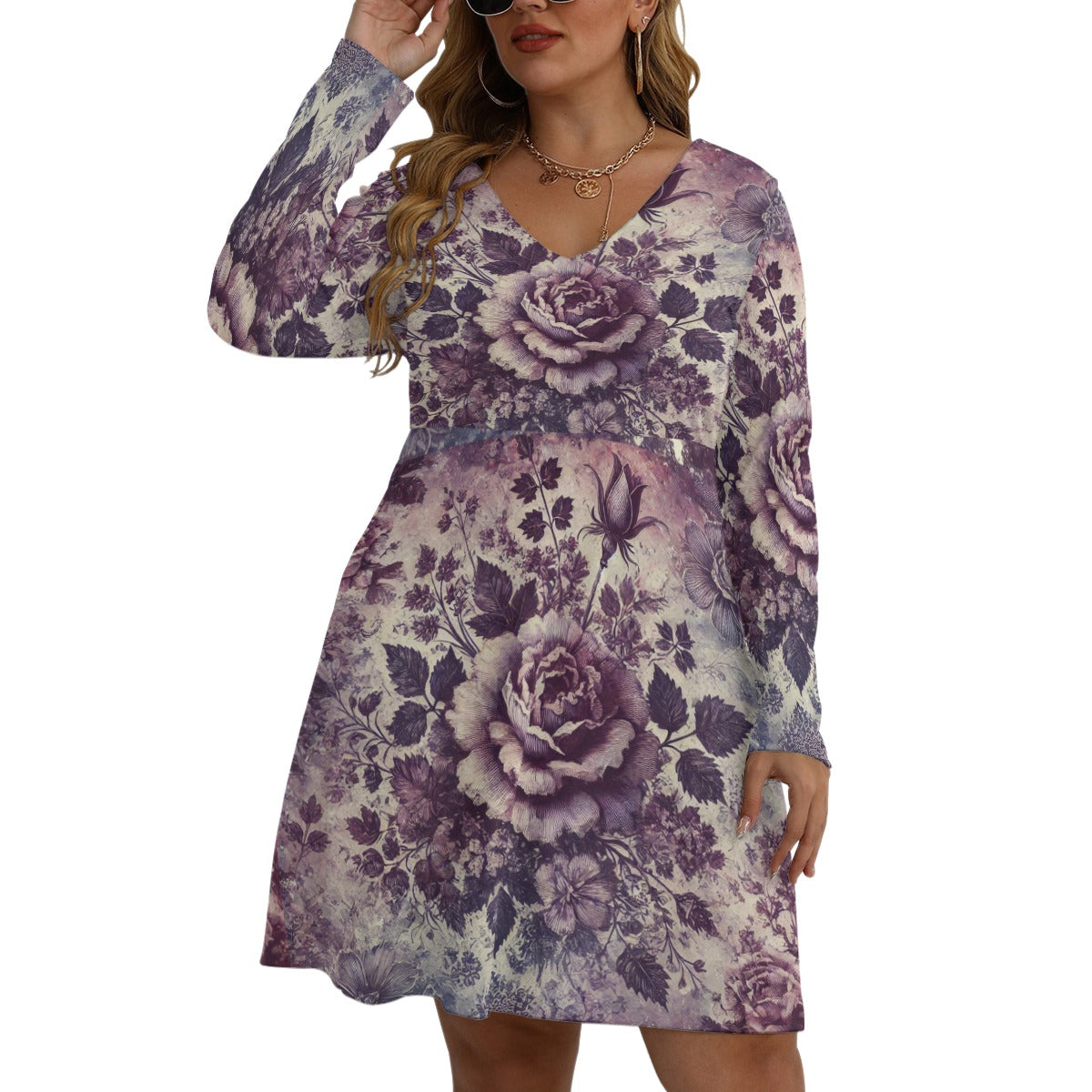 Faded Vintage Violet Rose Women's V-neck Long Sleeve Dress(Plus Size)