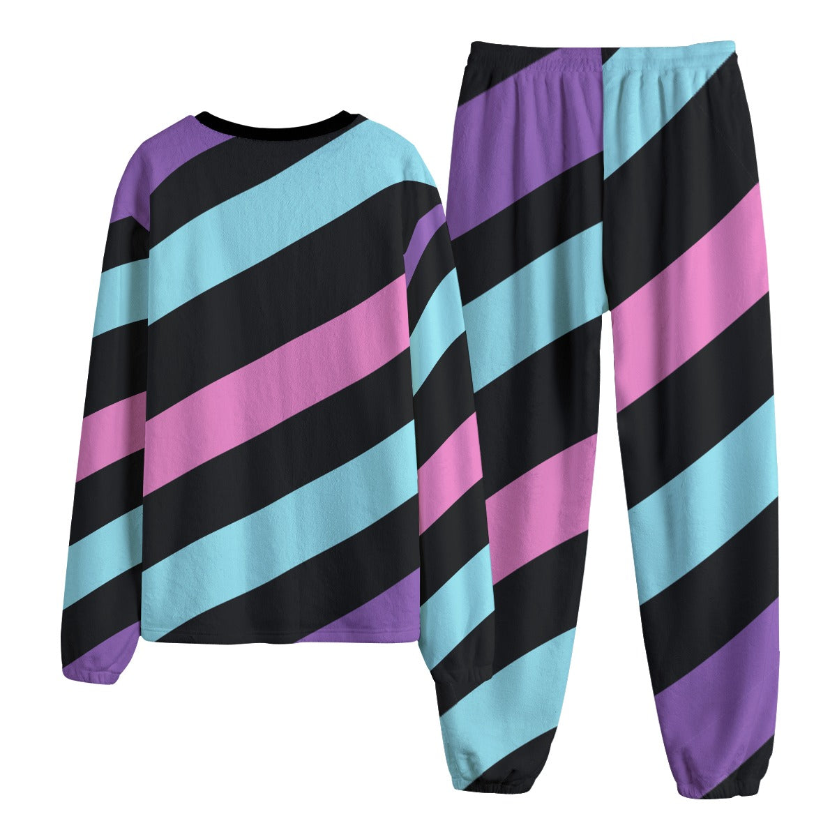 Striped Fleece Pajamas Set - Pink / Blue / Purple / Black
