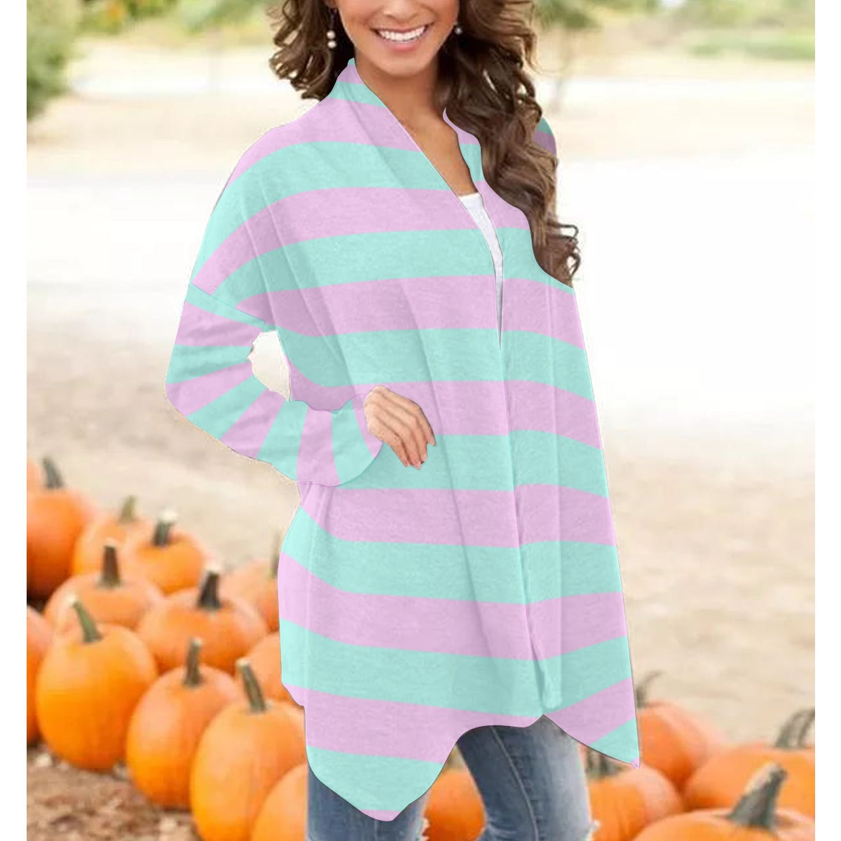 Pastel Green Pink Striped Women’s Cardigan with Long Sleeves