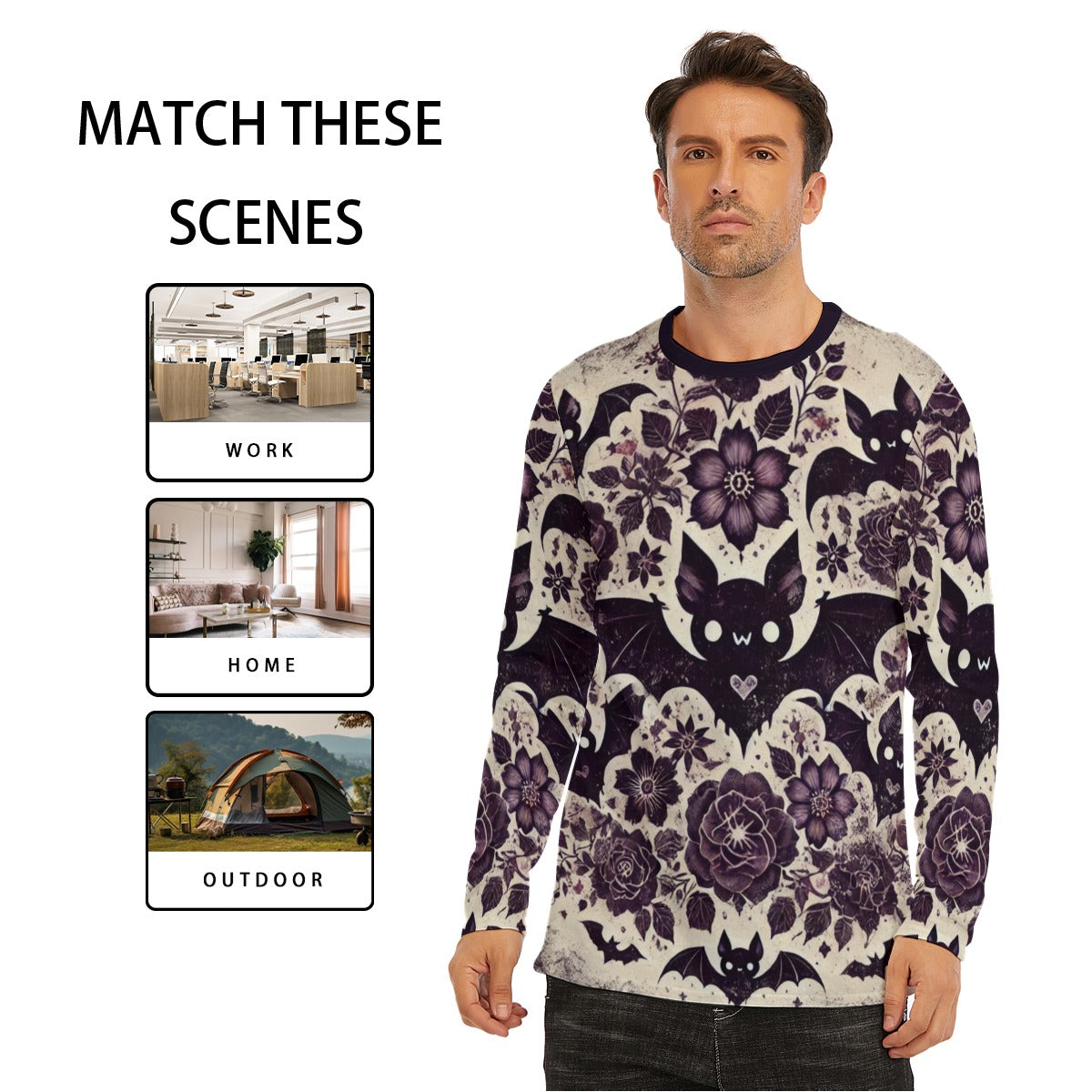 Goth Bat Print Long Sleeve T-Shirt