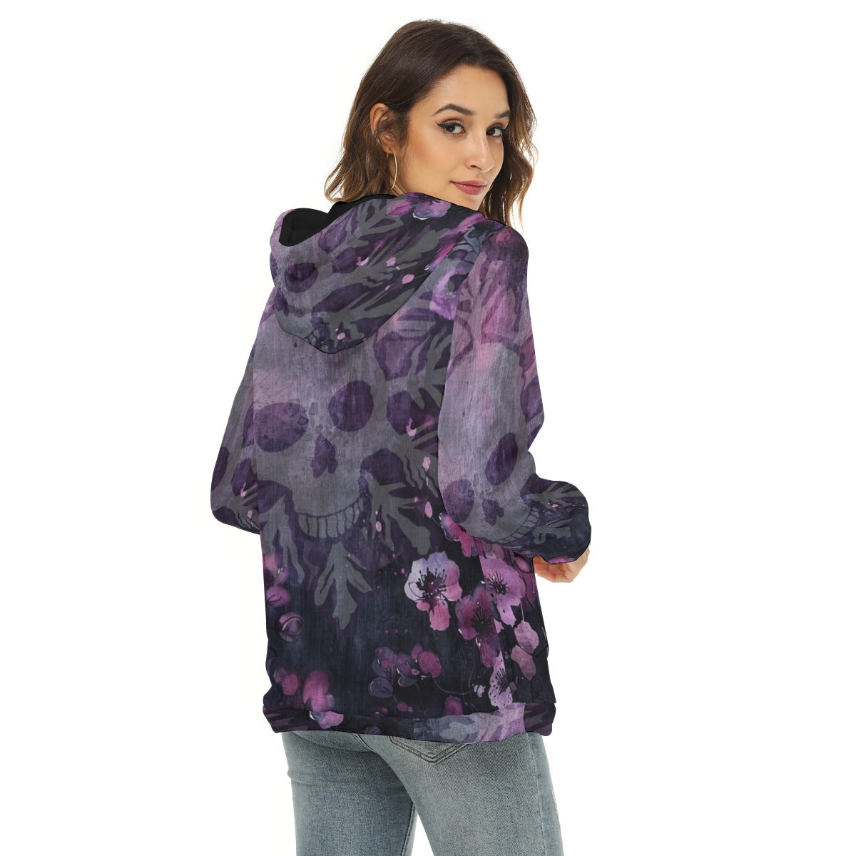 Snowflake Skull Vintage Wash Women’s Borg Fleece Hoodie With Half Zip