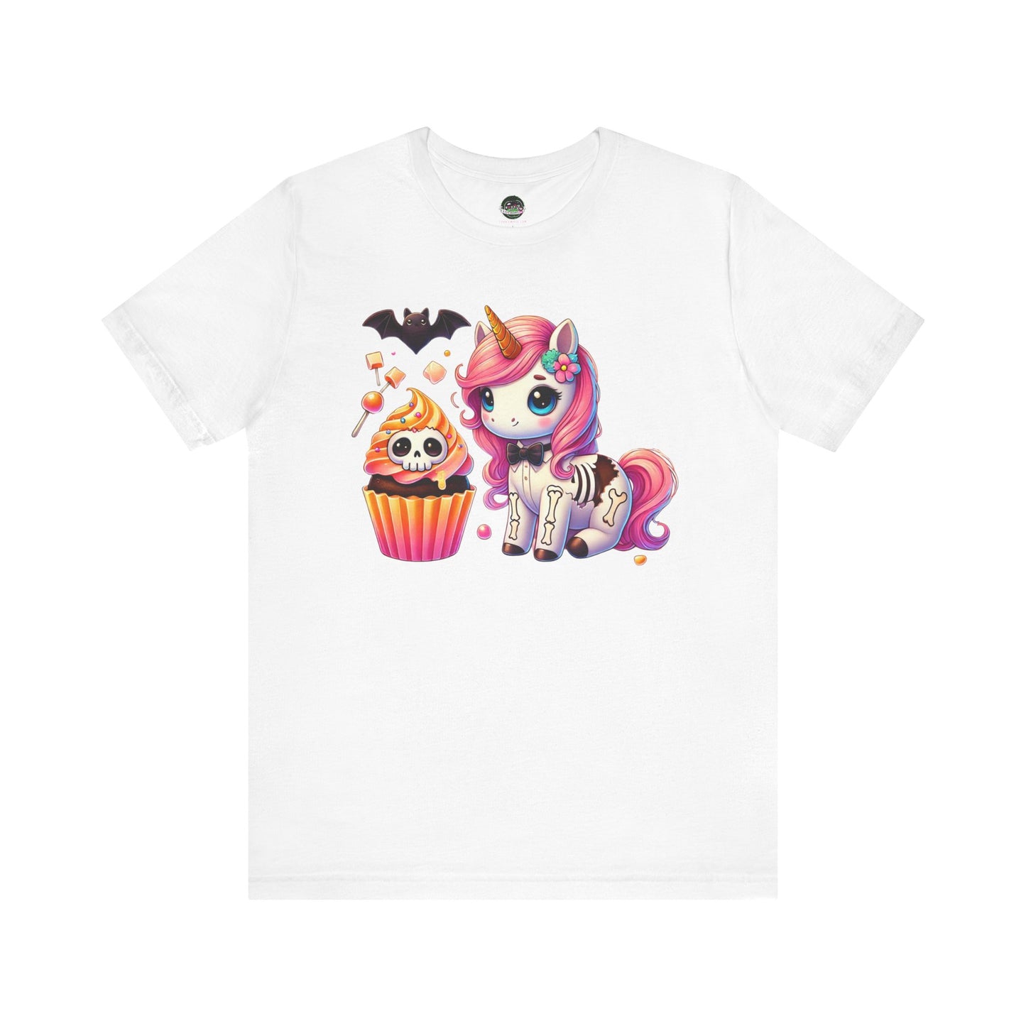 Pastel Goth T-shirt - Orange Skeleton Unicorn & Cupcake