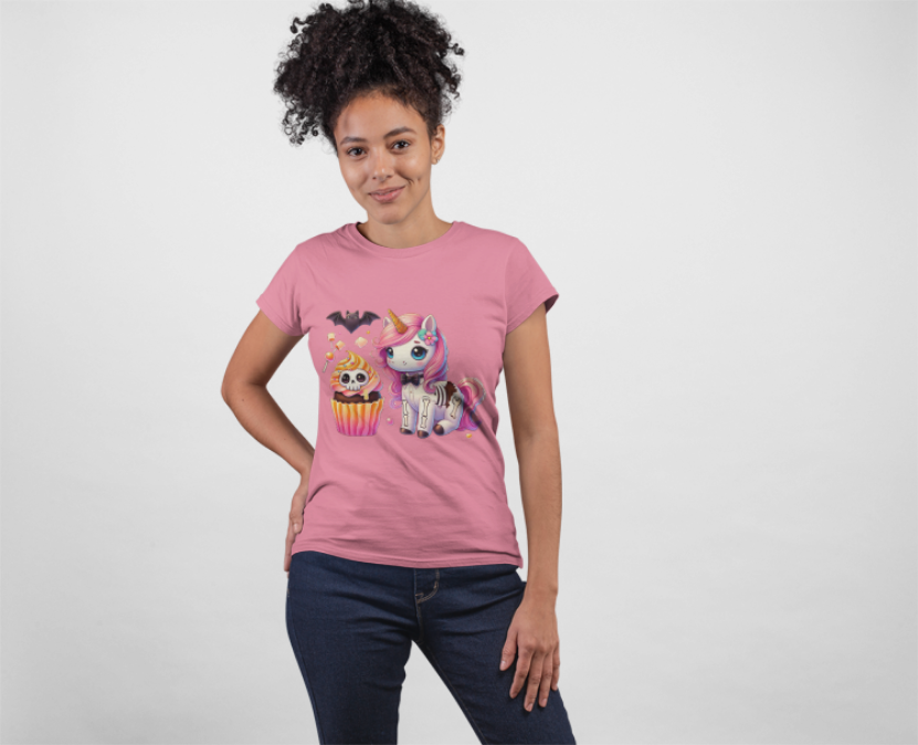 Pastel Goth T-shirt - Orange Skeleton Unicorn & Cupcake