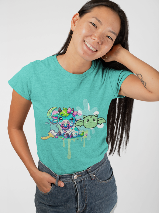 Pastel Goth T-shirt - Teal Cow Pacifier w/ Little Bat & Paintbrush