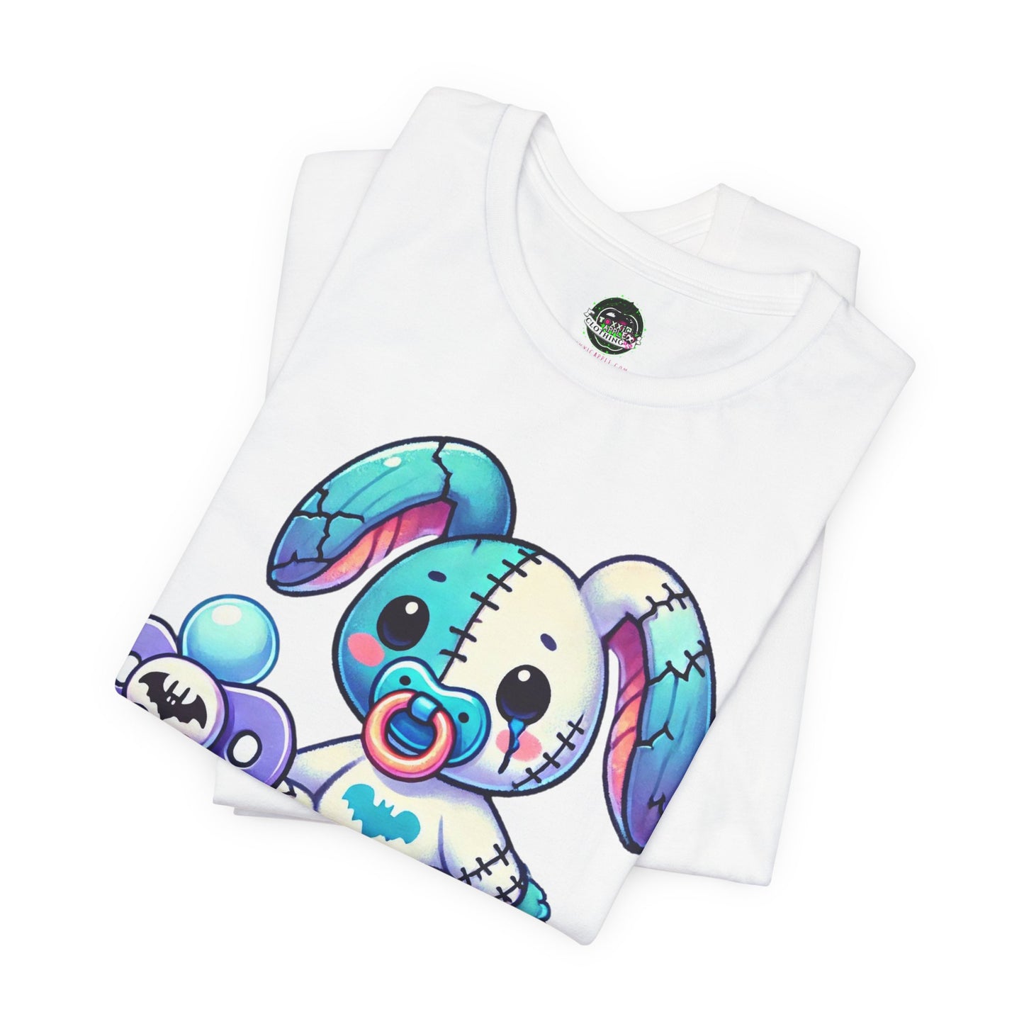Kawaii Pastel Goth Shirt - Stitched Bunny w/ Bat Pacifier