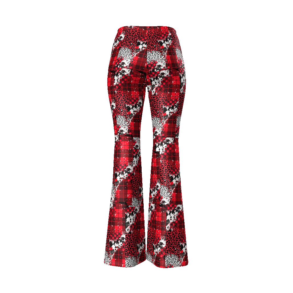 Leopard Red/Black Plaid Patchwork Women’s Flare Leg Pants