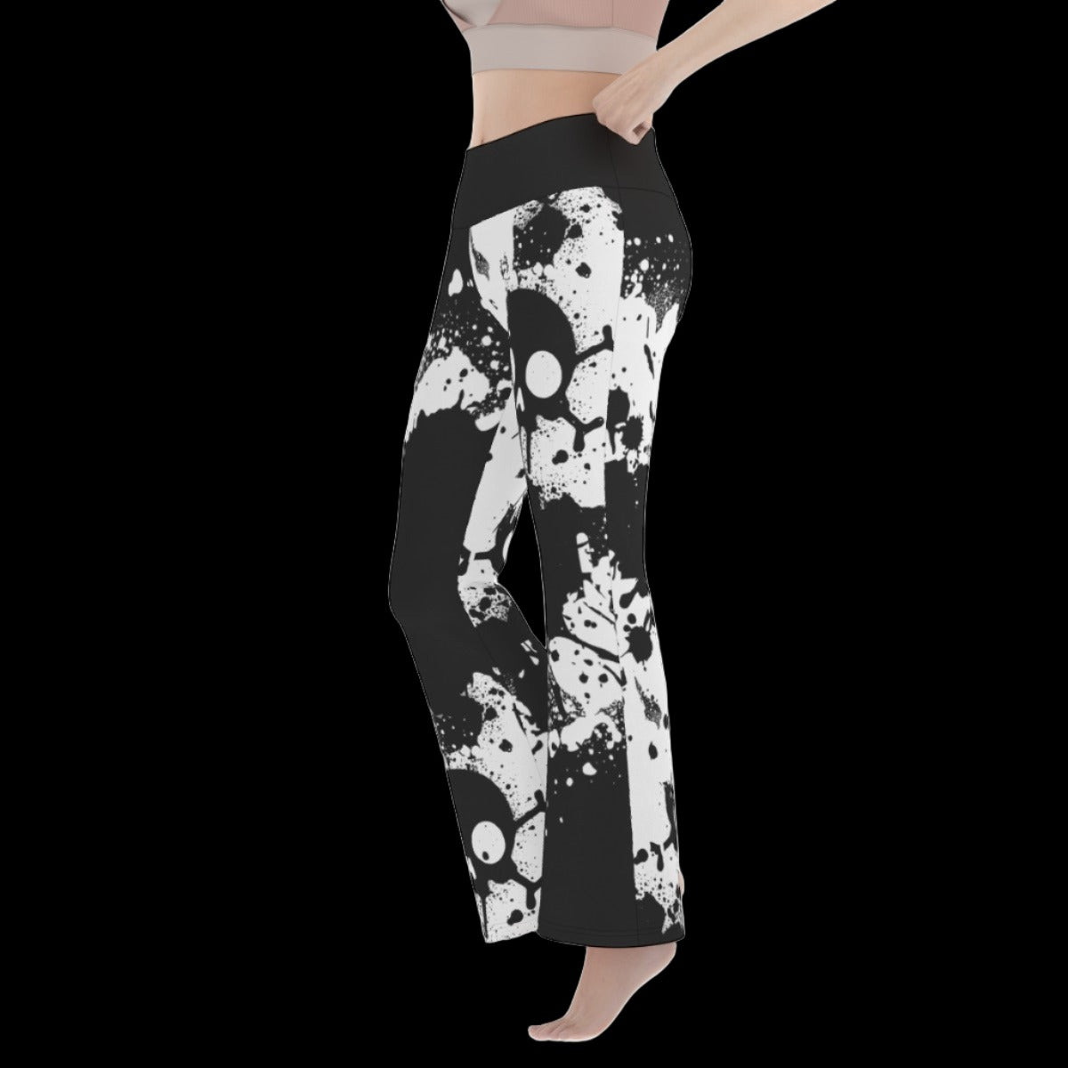 Black White Skull Splatter Women’s Flare Yoga Pants - yoga pants