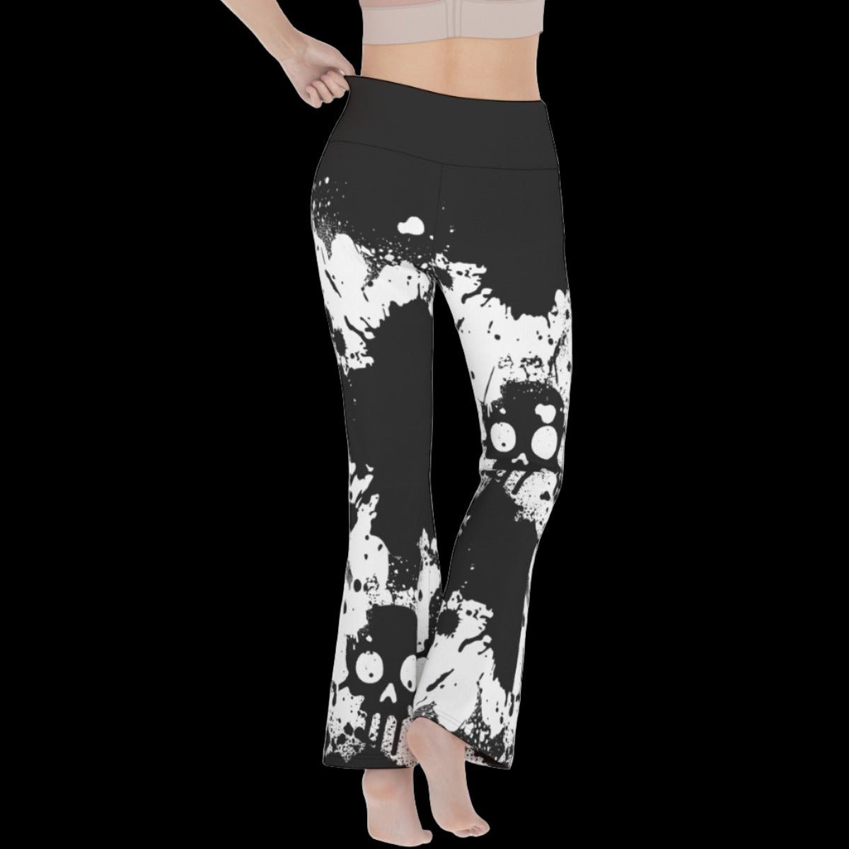 Black White Skull Splatter Women’s Flare Yoga Pants - yoga pants