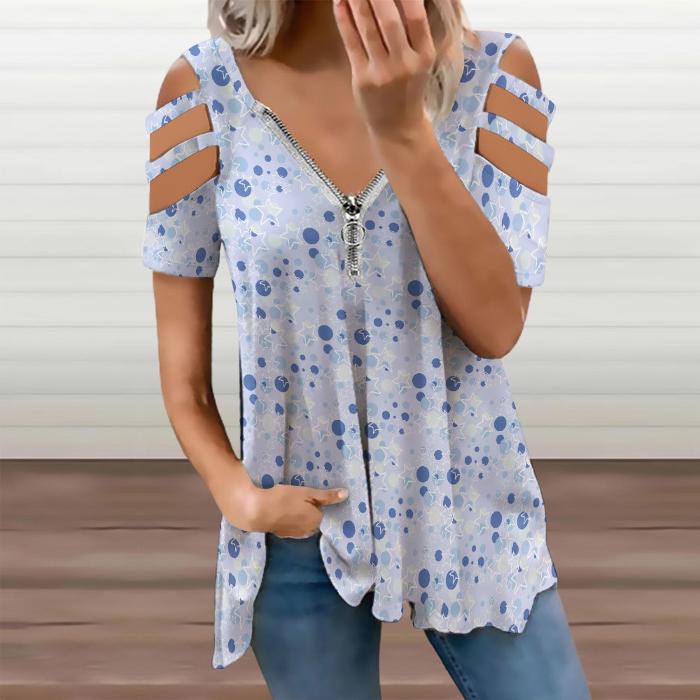 Pastel Blue Stars Women’s Zip Off Shoulder Top - S / White