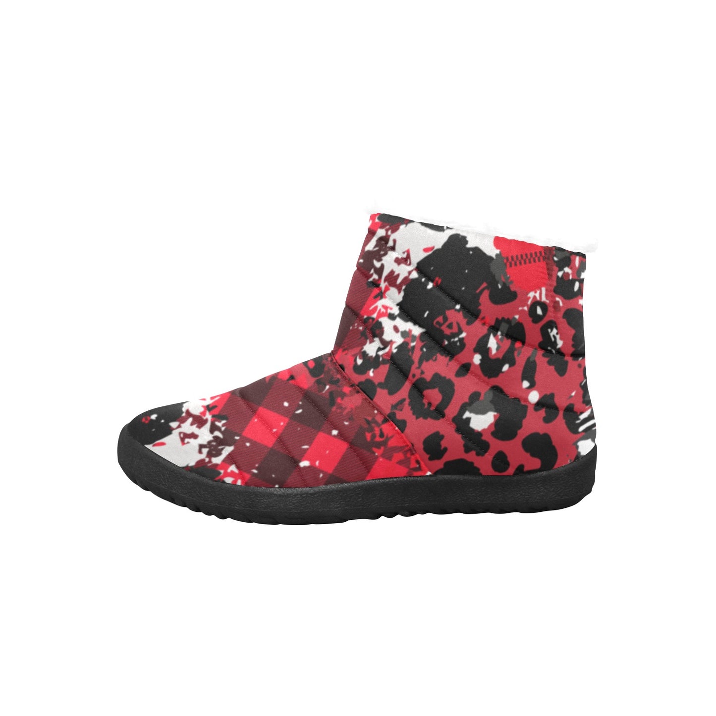 Plaid Leopard Patchwork Boots - Red / Black