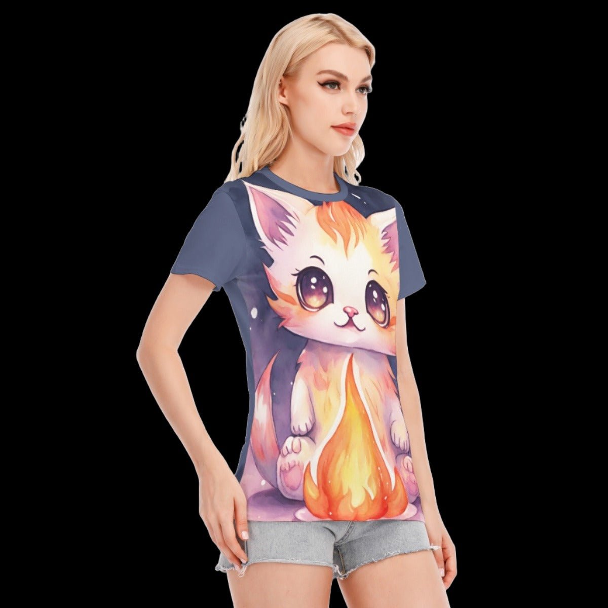 Fire Kawaii Orange Kitten Women’s Round Neck T-Shirt