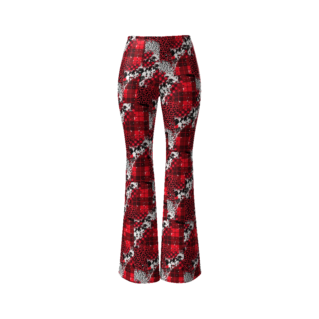 Leopard Red/Black Plaid Patchwork Women’s Flare Leg Pants - Custom Color / S