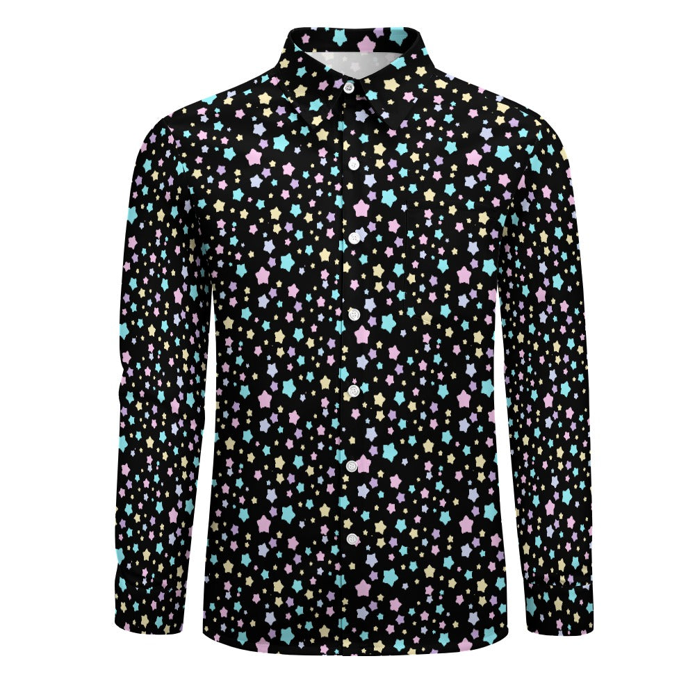 Men’s Pastel Goth Velvet Casual One Pocket Long Sleeve Shirt - XS / Black