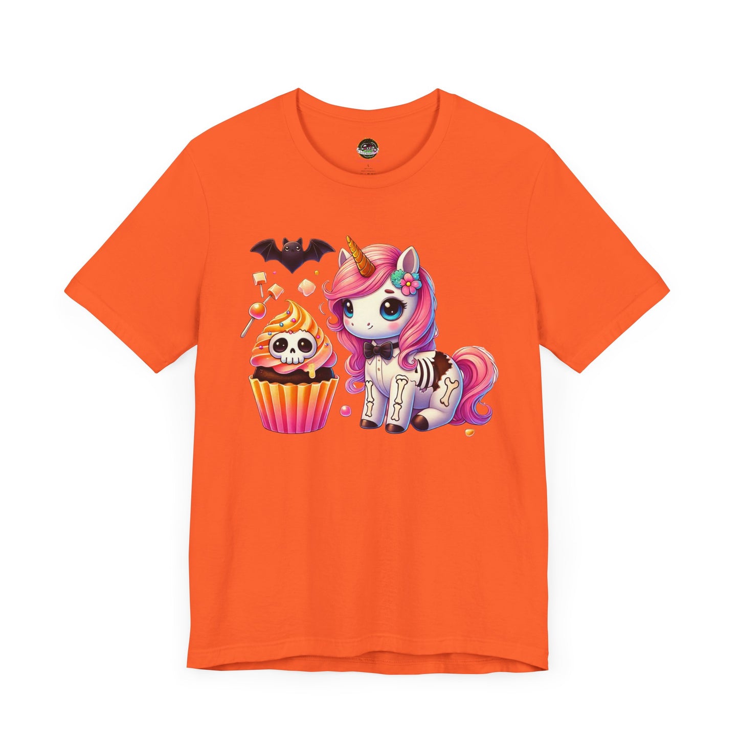 Pastel Goth T-shirt - Orange Skeleton Unicorn & Cupcake