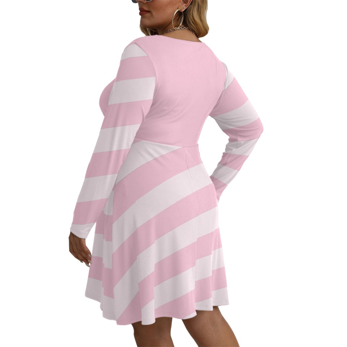 Striped Pink Women's V-neck Long Sleeve Dress(Plus Size)