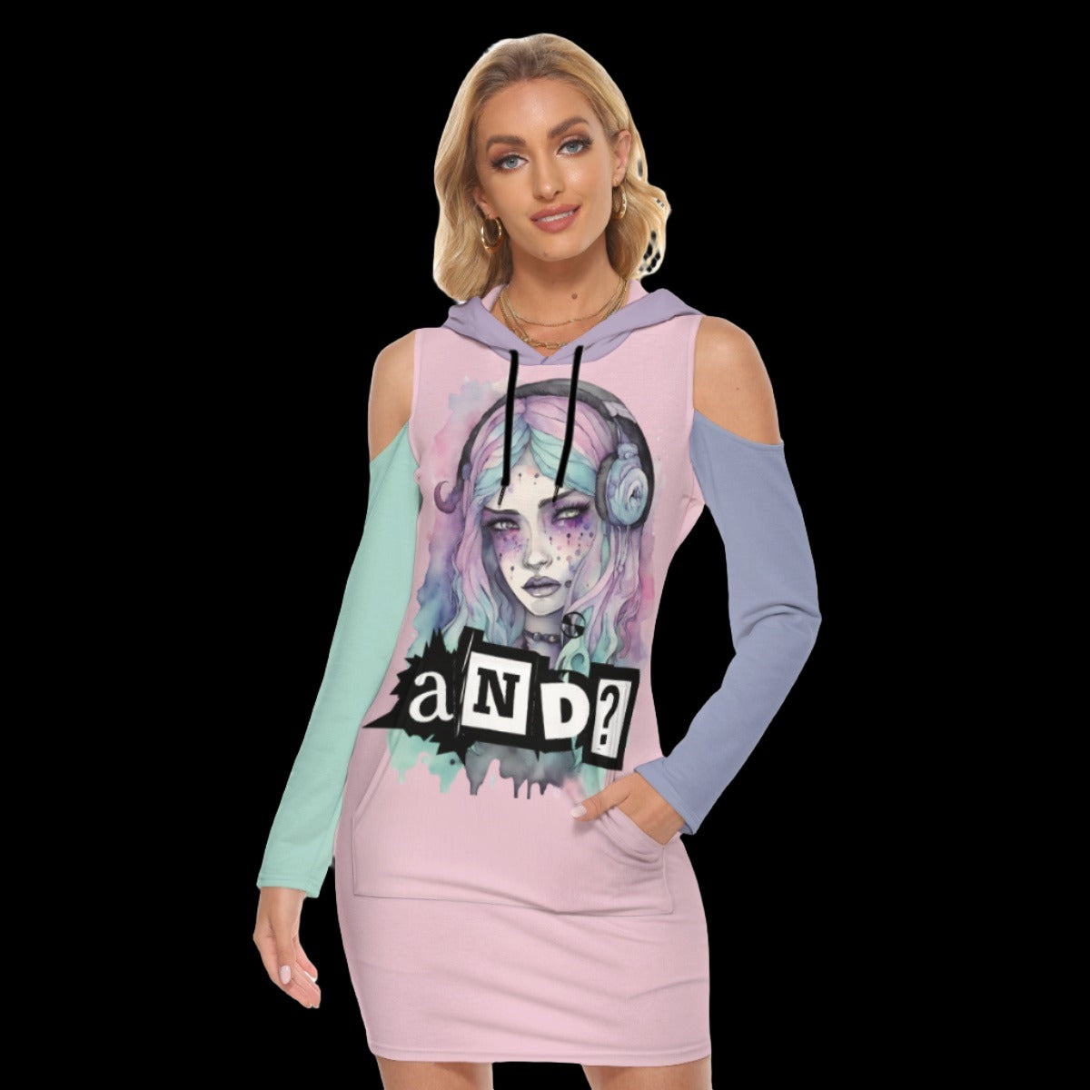 Pastel Goth Attitude Open Shoulder Hoodie Dress