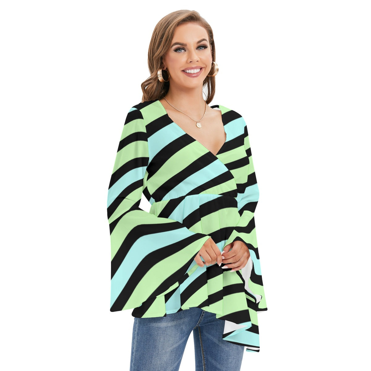 Blue Green Pastel Women’s V-neck Blouse With Flared Sleeves
