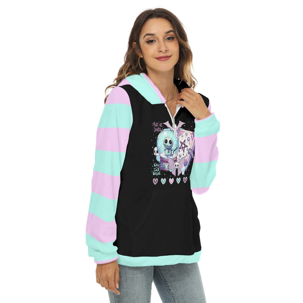 Pastel Goth Winter Holiday Women’s Borg Fleece Hoodie With Half Zip