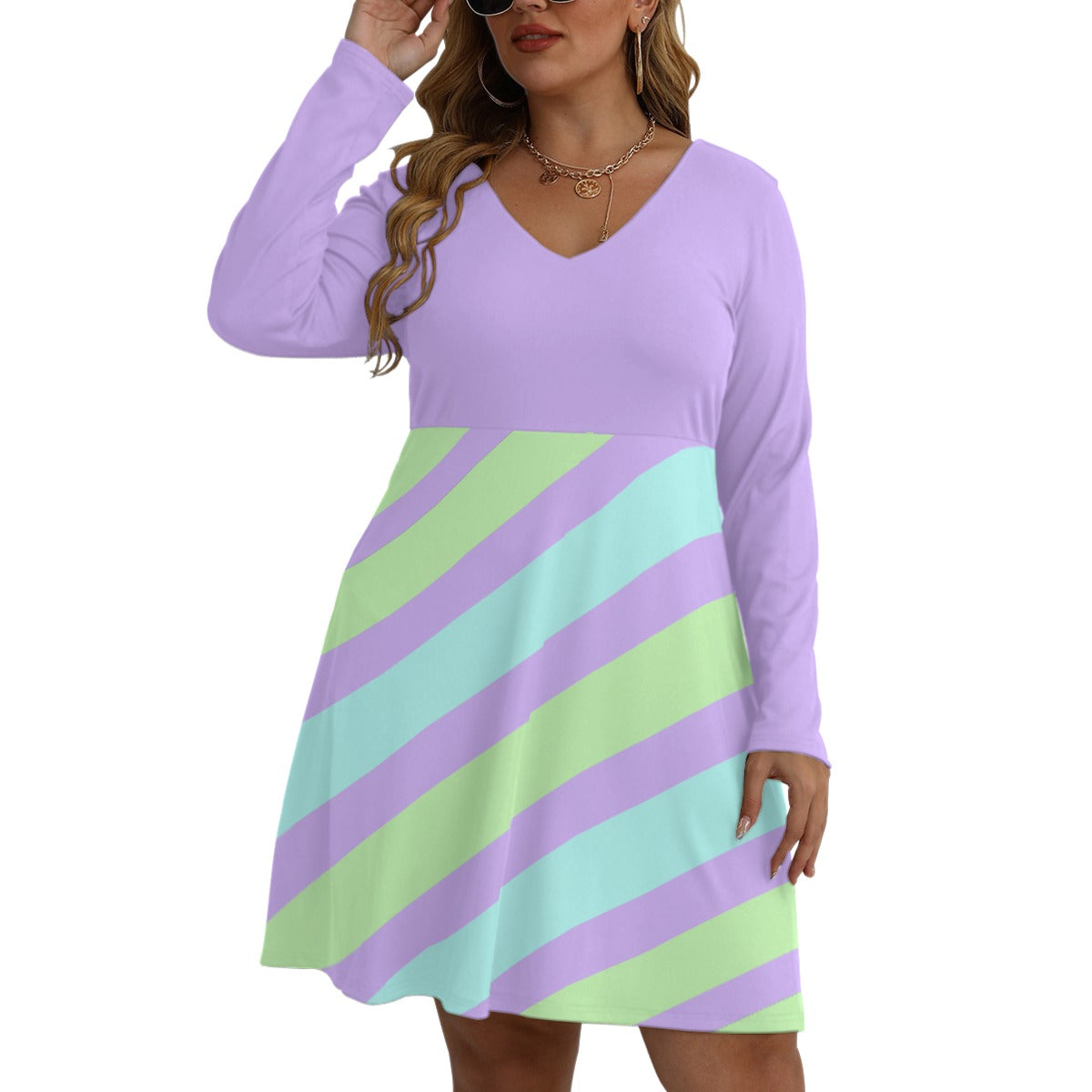Pastel Colors Striped Women's V-neck Long Sleeve Dress(Plus Size)