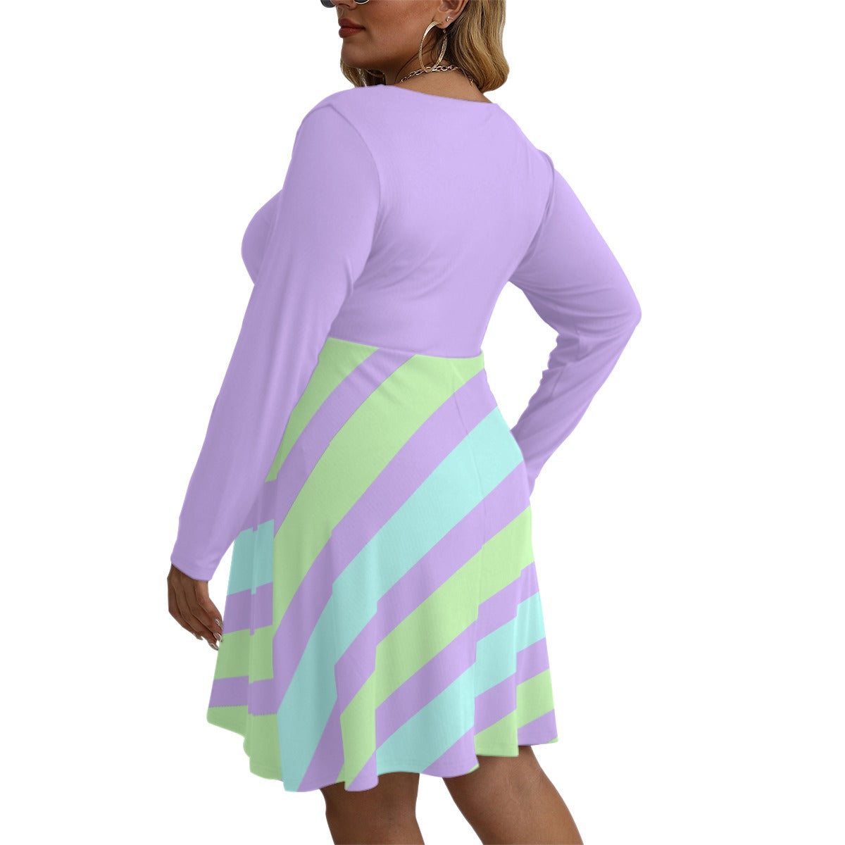 Pastel Colors Striped Women's V-neck Long Sleeve Dress(Plus Size)