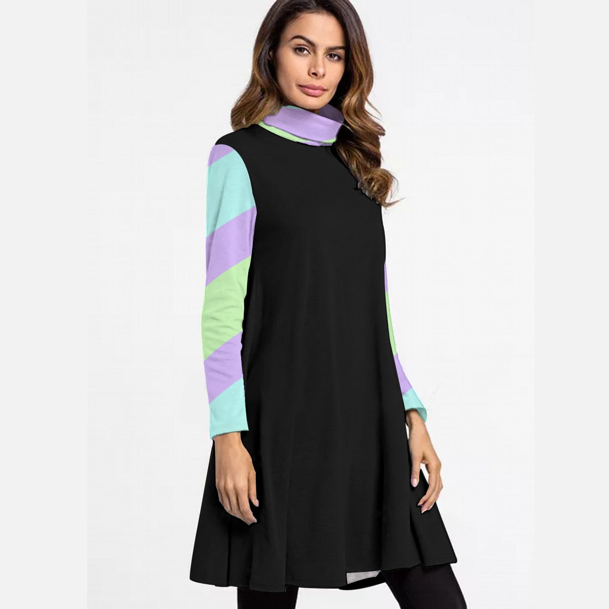 Pastel Goth Solid Striped Women’s Turtleneck Dress With Long Sleeve