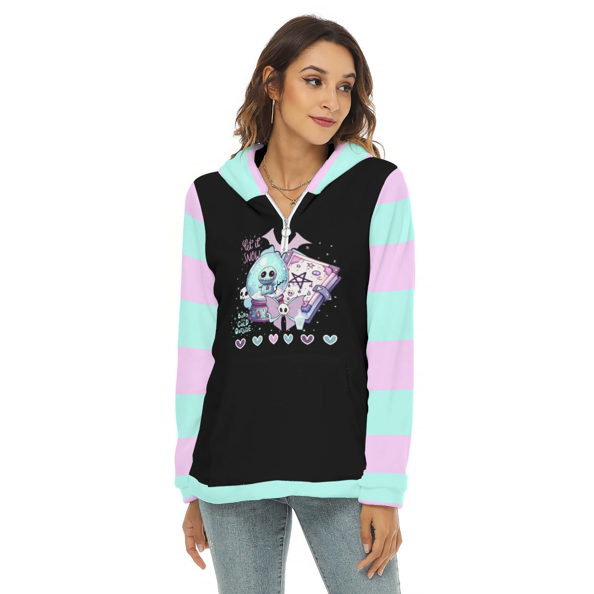 Pastel Goth Winter Holiday Women’s Borg Fleece Hoodie With Half Zip