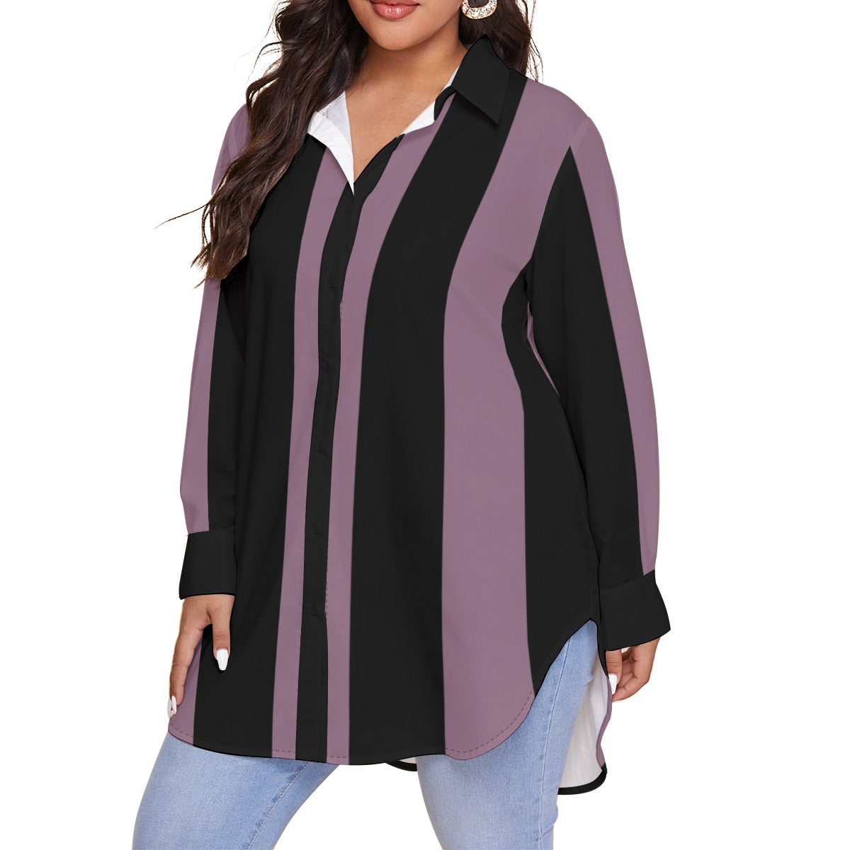 Mauve Women's Shirt With Long Sleeve (Plus Size) -Striped - Alternative Fashion