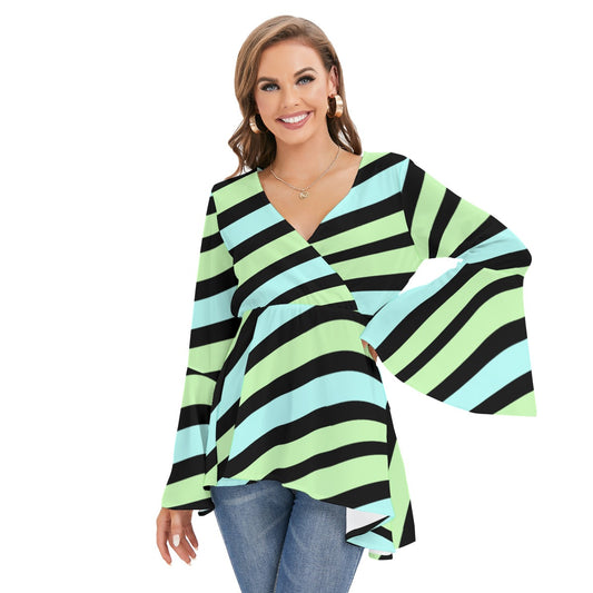 Blue Green Pastel Women’s V-neck Blouse With Flared Sleeves - XS / White