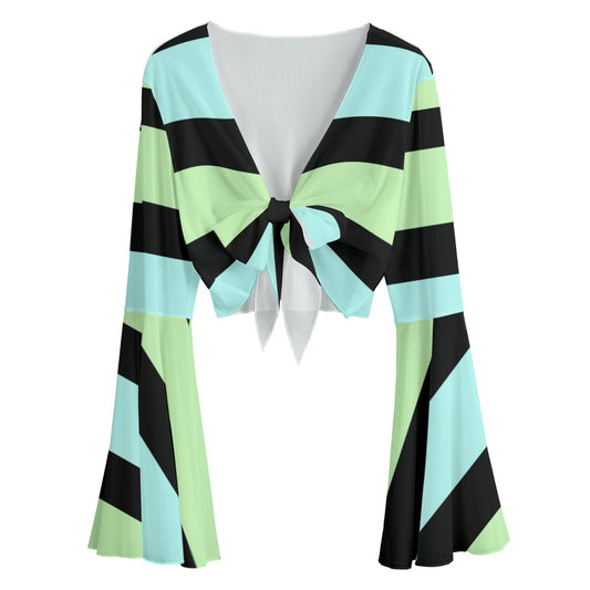 Blue Green Black Pastel Goth Striped Bow Knot Women’s Blouse- Cropped Top - S / White