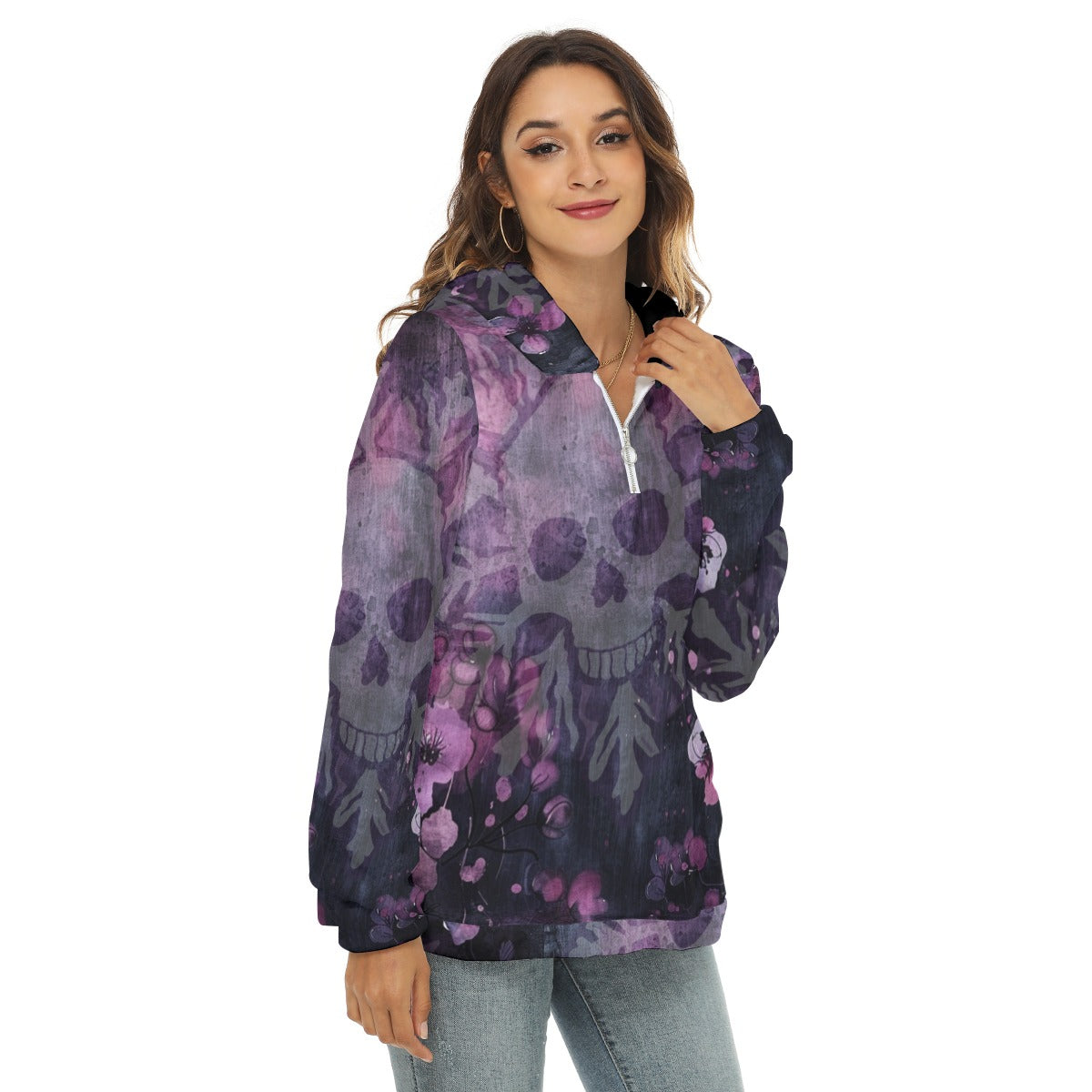 Snowflake Skull Vintage Wash Women’s Borg Fleece Hoodie With Half Zip
