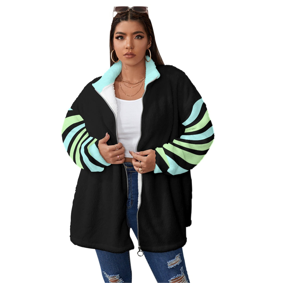 Pastel Unisex Borg Fleece Stand-up Collar Coat With Zipper Closure (Plus Size) - Blue / Green