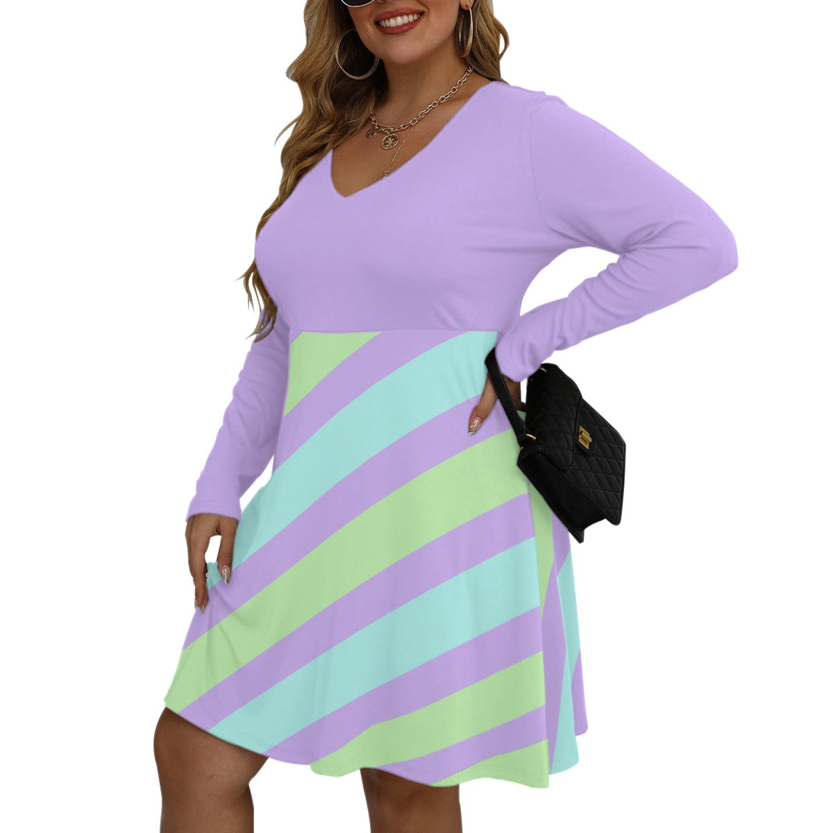 Pastel Colors Striped Women's V-neck Long Sleeve Dress(Plus Size)