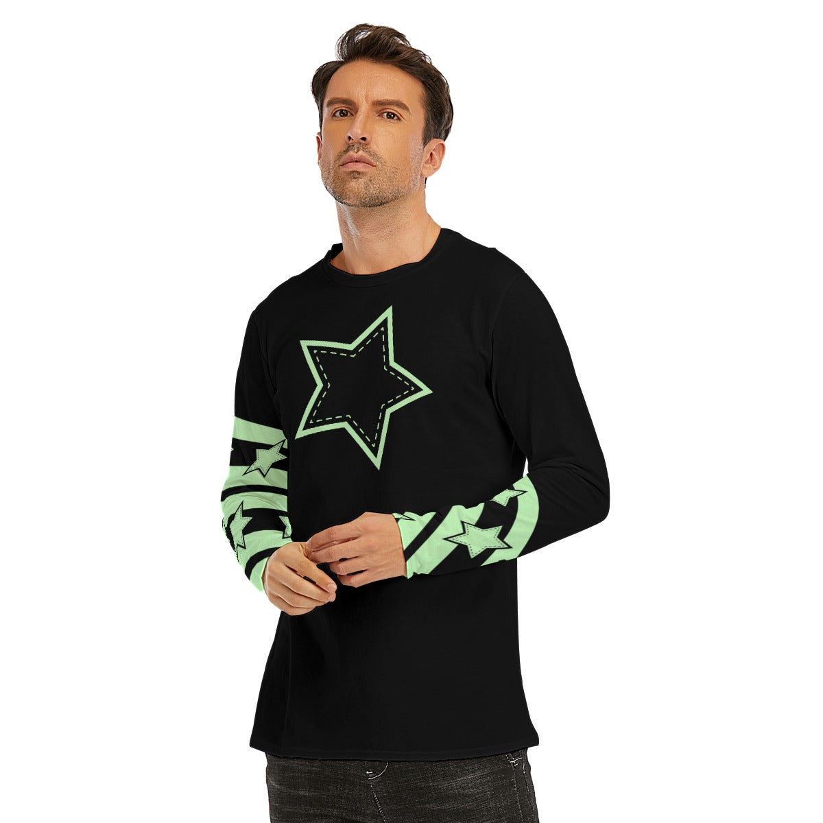 Pastel Green Stripes and Star Long Sleeve T-Shirt