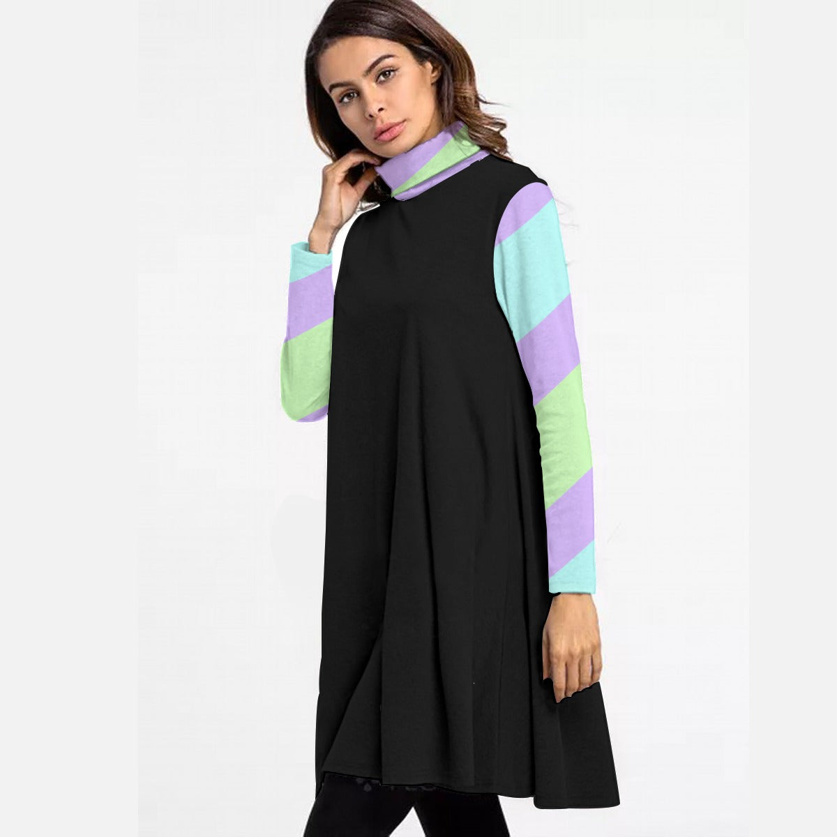 Pastel Goth Solid Striped Women’s Turtleneck Dress With Long Sleeve