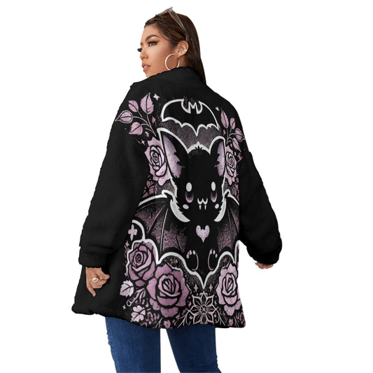 Kawaii Bat Unisex Borg Fleece Stand-up Collar Coat With Zipper Closure (Plus Size)
