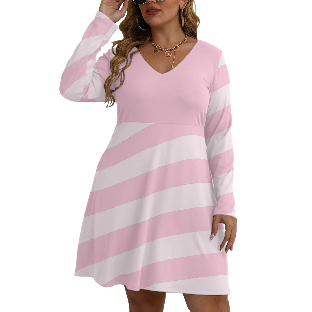 Striped Pink Women's V-neck Long Sleeve Dress(Plus Size)