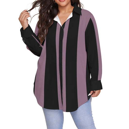 Mauve Women's Shirt With Long Sleeve (Plus Size) -Striped - Alternative Fashion