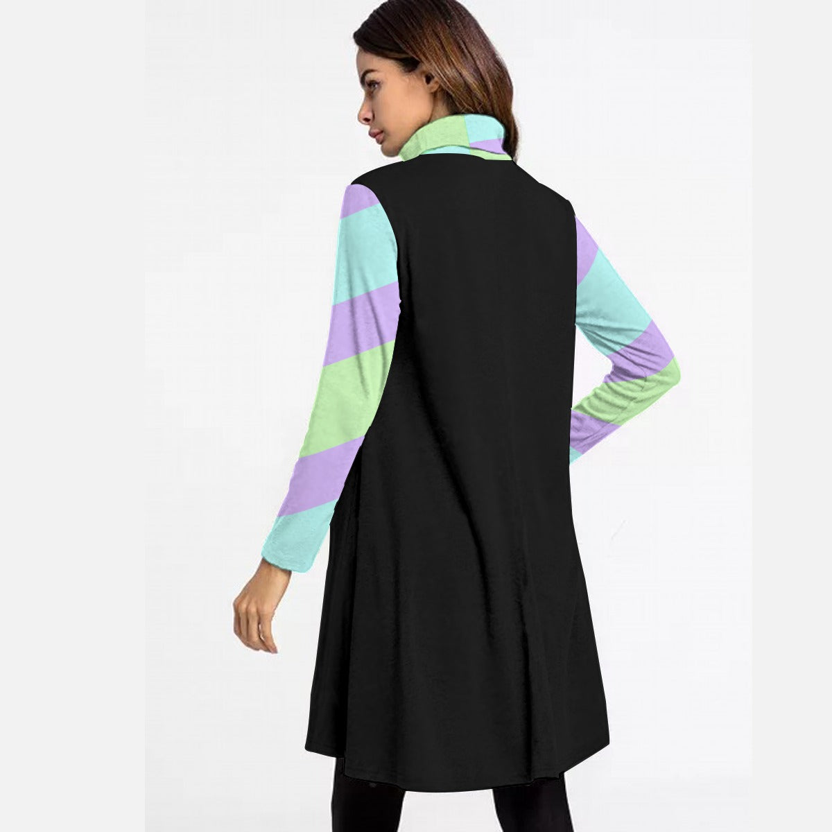Pastel Goth Solid Striped Women’s Turtleneck Dress With Long Sleeve