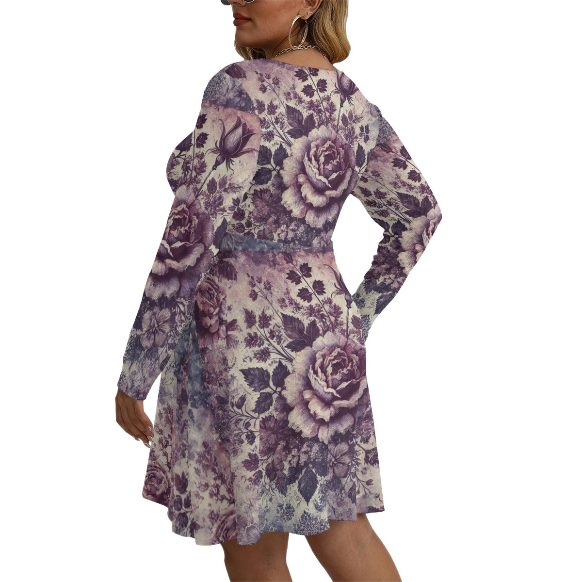 Faded Vintage Violet Rose Women's V-neck Long Sleeve Dress(Plus Size)