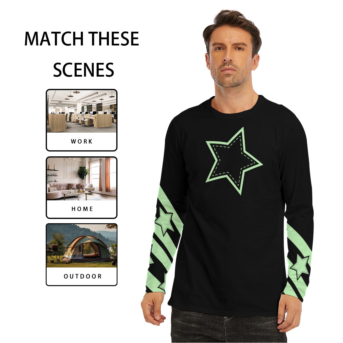 Pastel Green Stripes and Star Long Sleeve T-Shirt