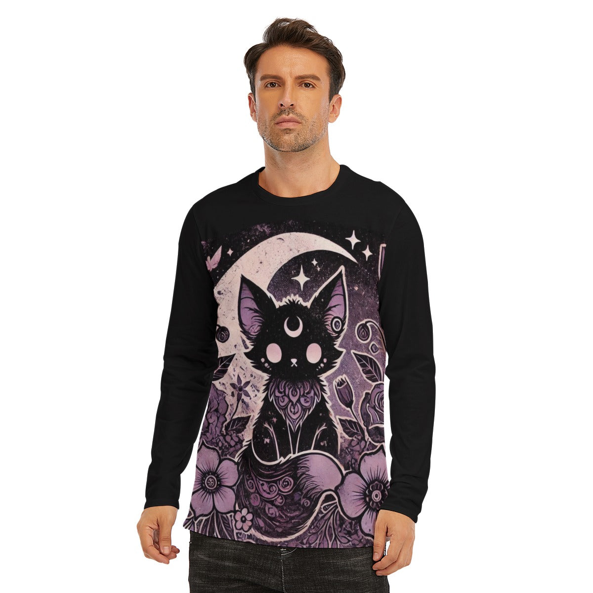 Faded Gothic Floral Fox & Moon Long Sleeve T-Shirt