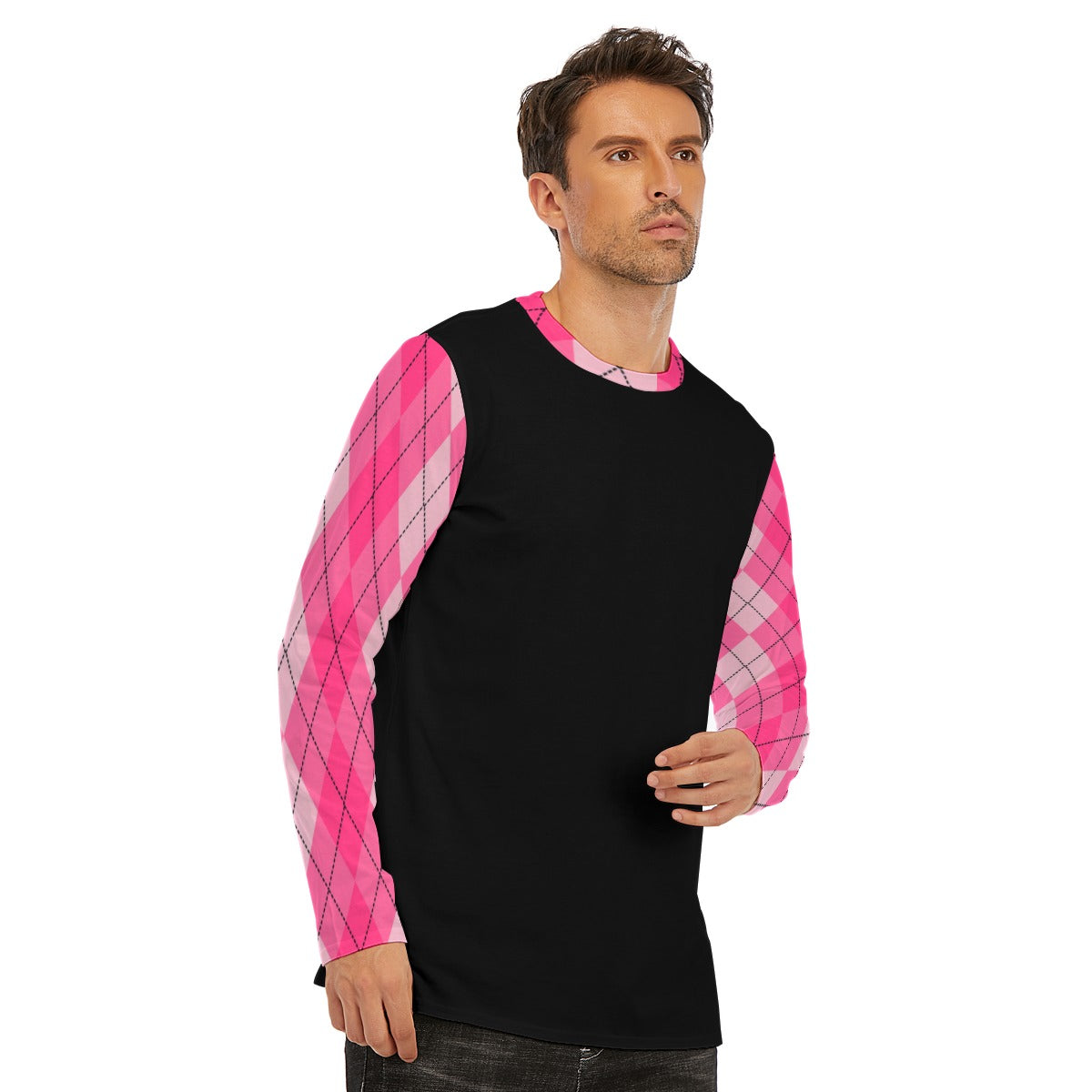 Hot Pink Plaid Diamond Long Sleeve T-Shirt - Pink / Black