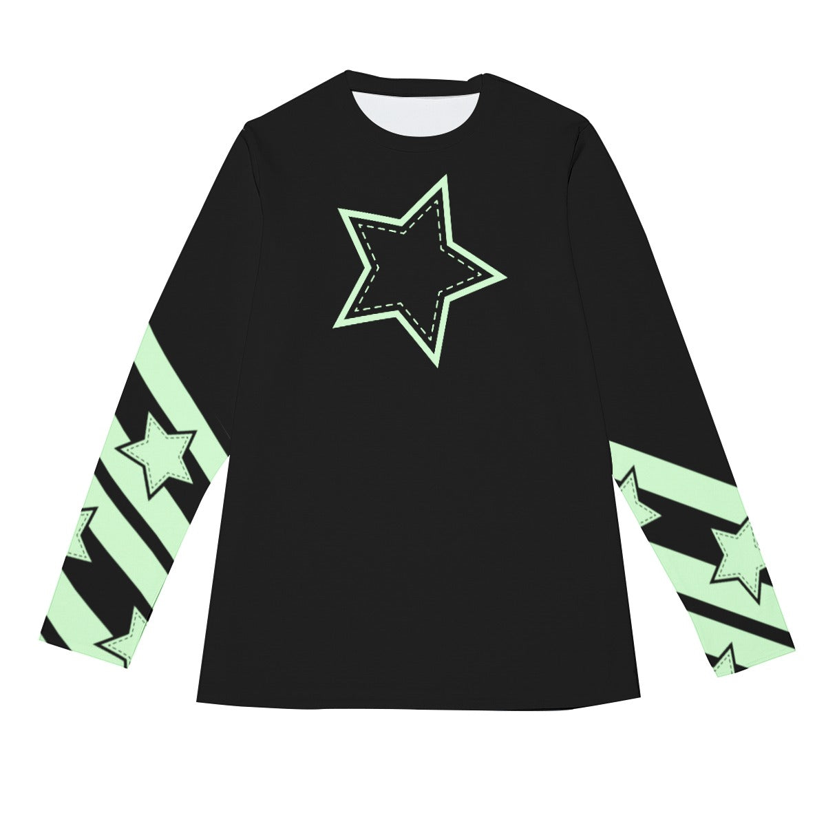 Pastel Green Stripes and Star Long Sleeve T-Shirt