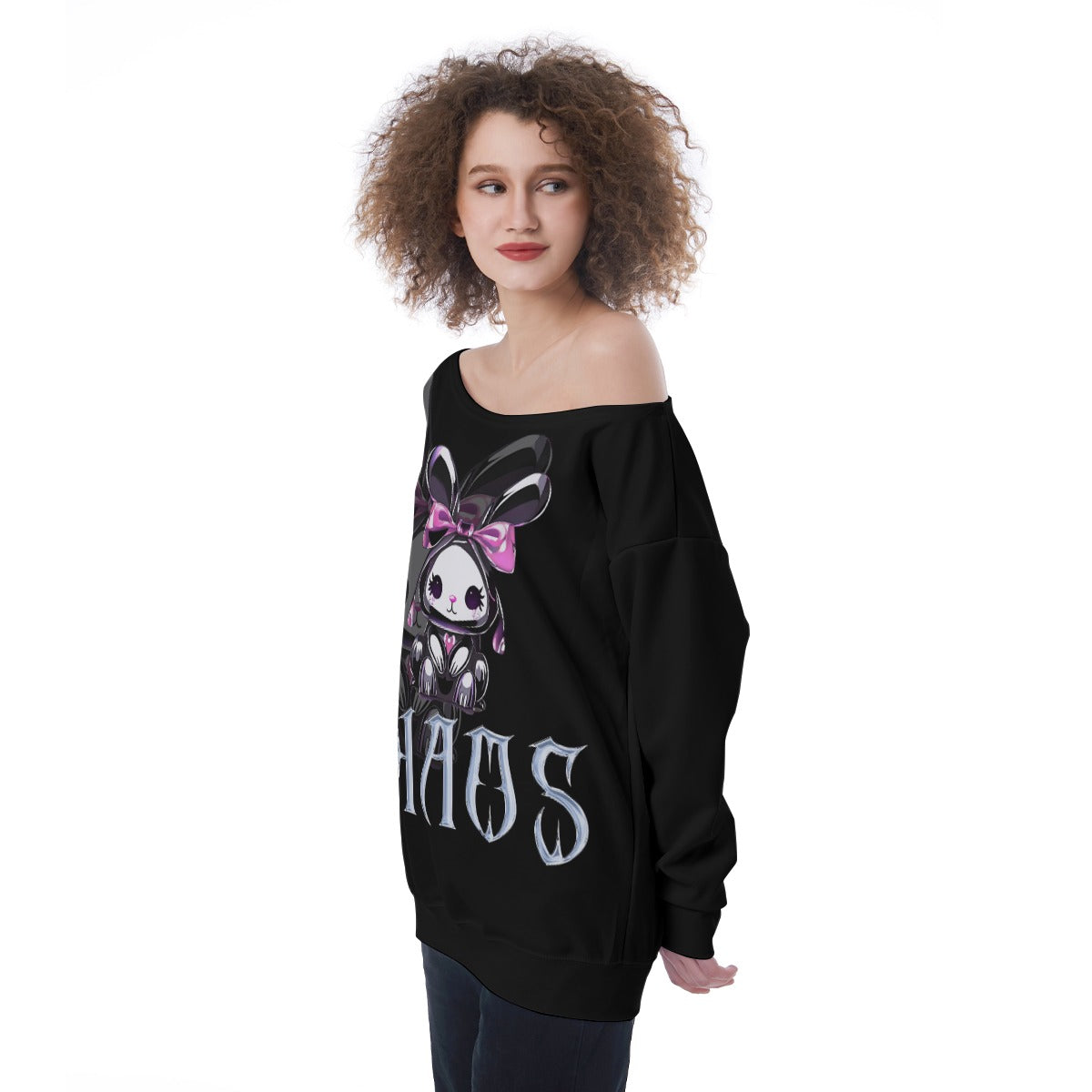 Chaos Bunny Oversized Women’s Off-Shoulder Sweatshirt - Alternative Fashion