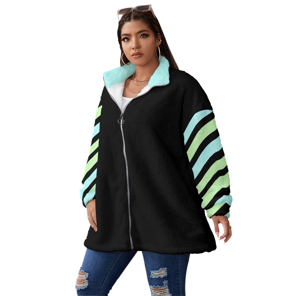 Pastel Unisex Borg Fleece Stand-up Collar Coat With Zipper Closure (Plus Size) - Blue / Green