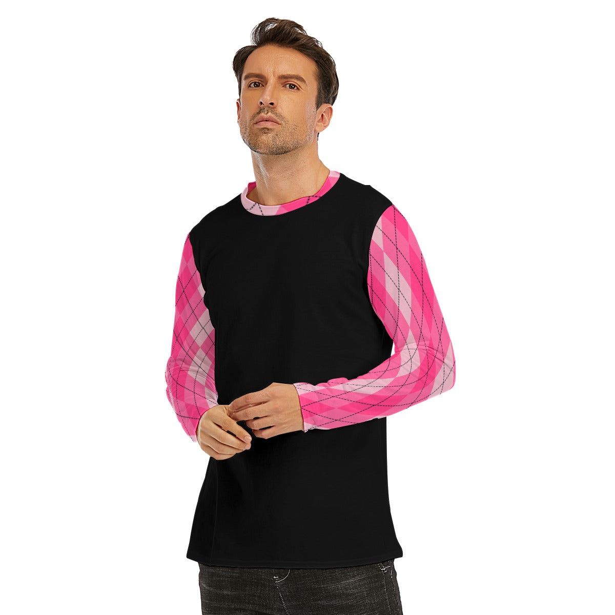 Hot Pink Plaid Diamond Long Sleeve T-Shirt - Pink / Black